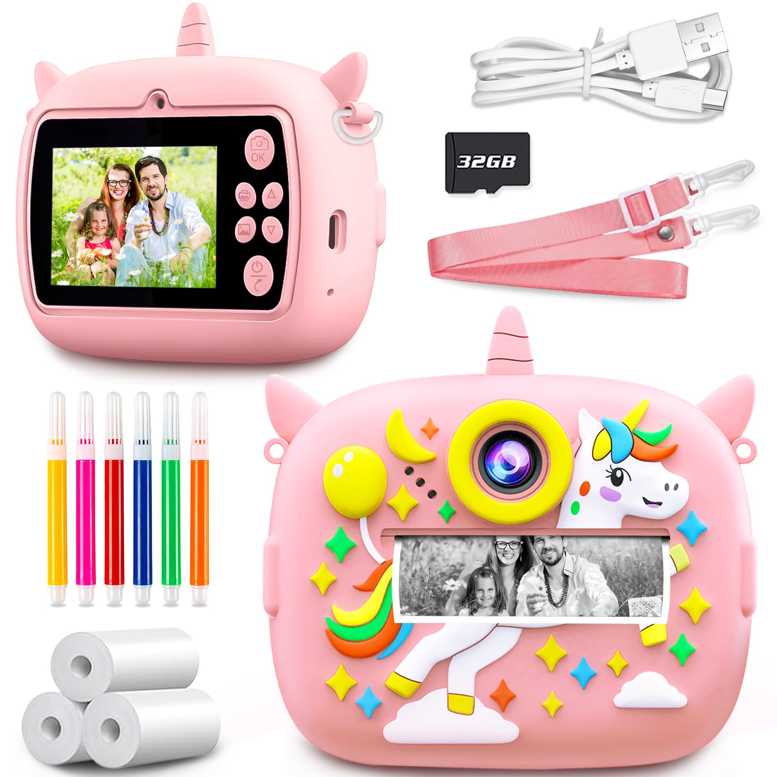 Macchina Fotografica Bambini, 2,4 Pollici Macchina Fotografica Istantanea, 1080P Macchina Fotografica Bambini Istantanea, con 32GB Scheda SD e Carta da Stampa, Regalo per Bambini dai 3-12 Anni