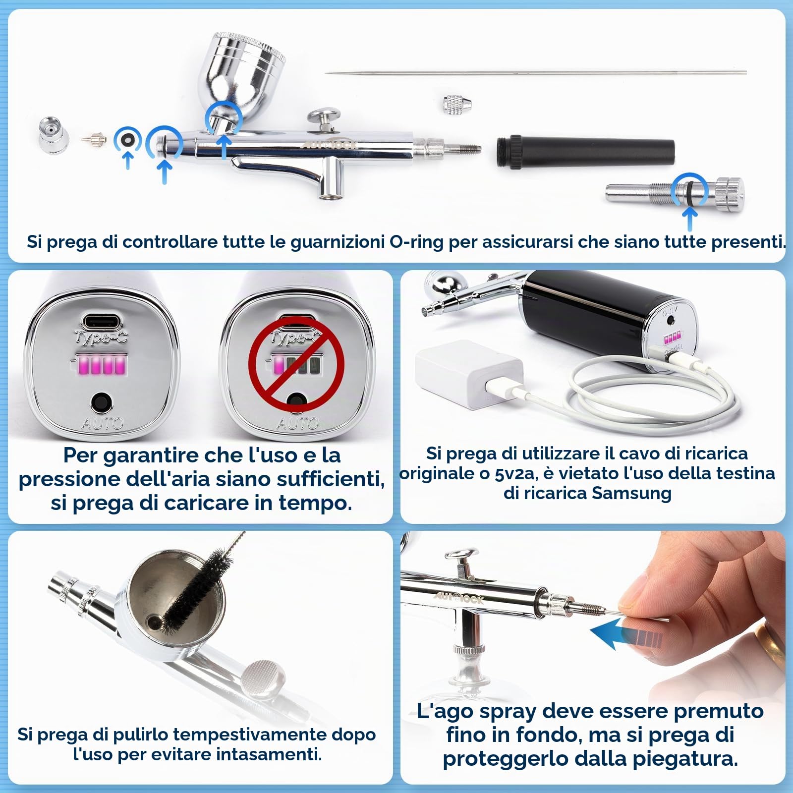 Autolock Airbrush, set di pistola a spruzzo 30PSI con compressore, kit aerografo portatile set aerografo a mano ricaricabile, per trucco, decorazione torte, modello, nail art, tatuaggi