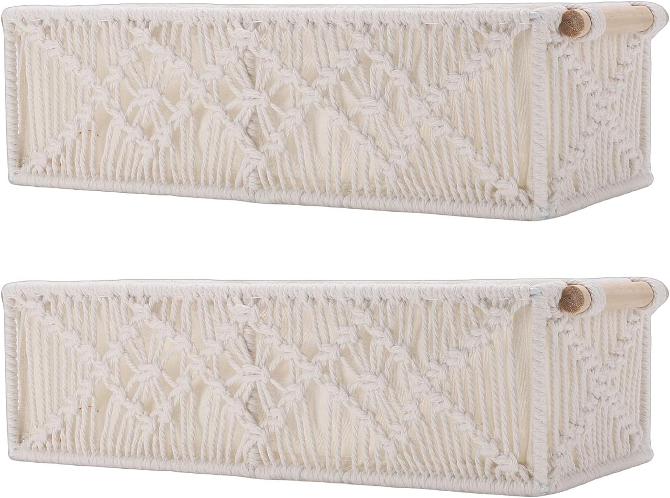 Luqeeg 2 Pcs Macrame Storage Basket, Handwoven Cotton Rope Toilet Paper Organizer, Wood Handles Storage Basket, Ideal for Bathroom, Bedroom, Livingroom & Home Decor