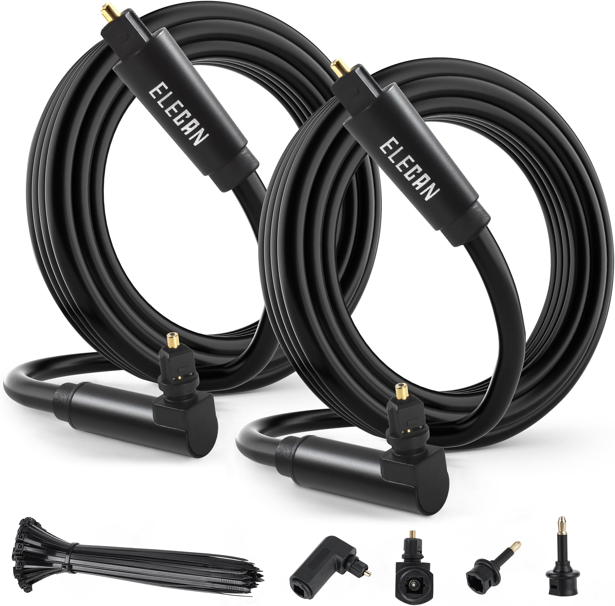 Elecan Optical Audio Cable 15 Ft/2 Pack 90 Degree Angled to Straight Digital Audio Toslink Cable Cord-Fiber Optic-Gold Plated-Flexiable&Durable-for Home Theater,Sound Bar,PS4&Xbox with Adapters+Ties