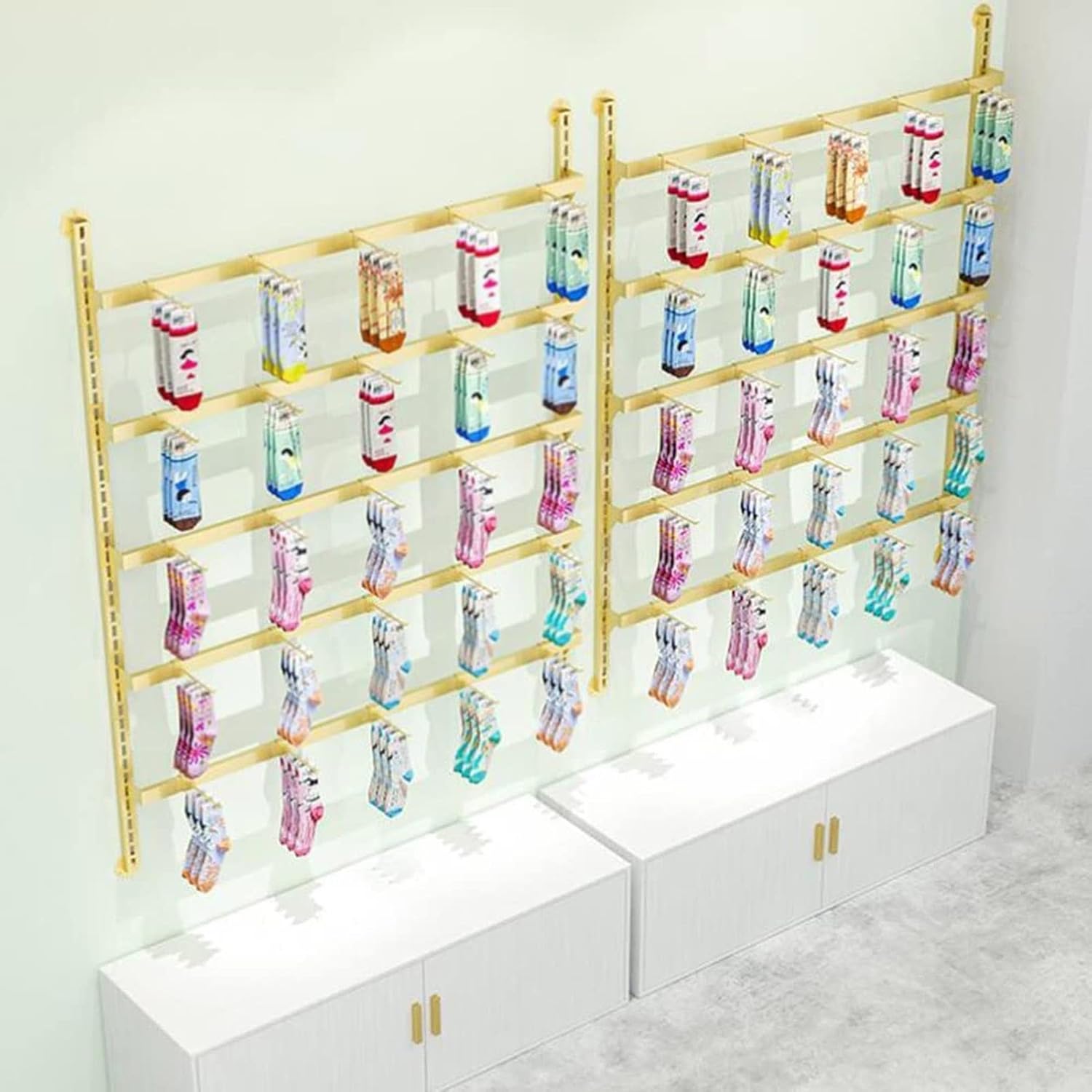 Metal Underwear Display Rack, 4/5 Tier Wall-Mounted Adjustable Stand with Hooks, Closet Storage Organizer Holder, Hanging Panty Socks Hat Shelf(Gold,150x150cm-4 Layers)
