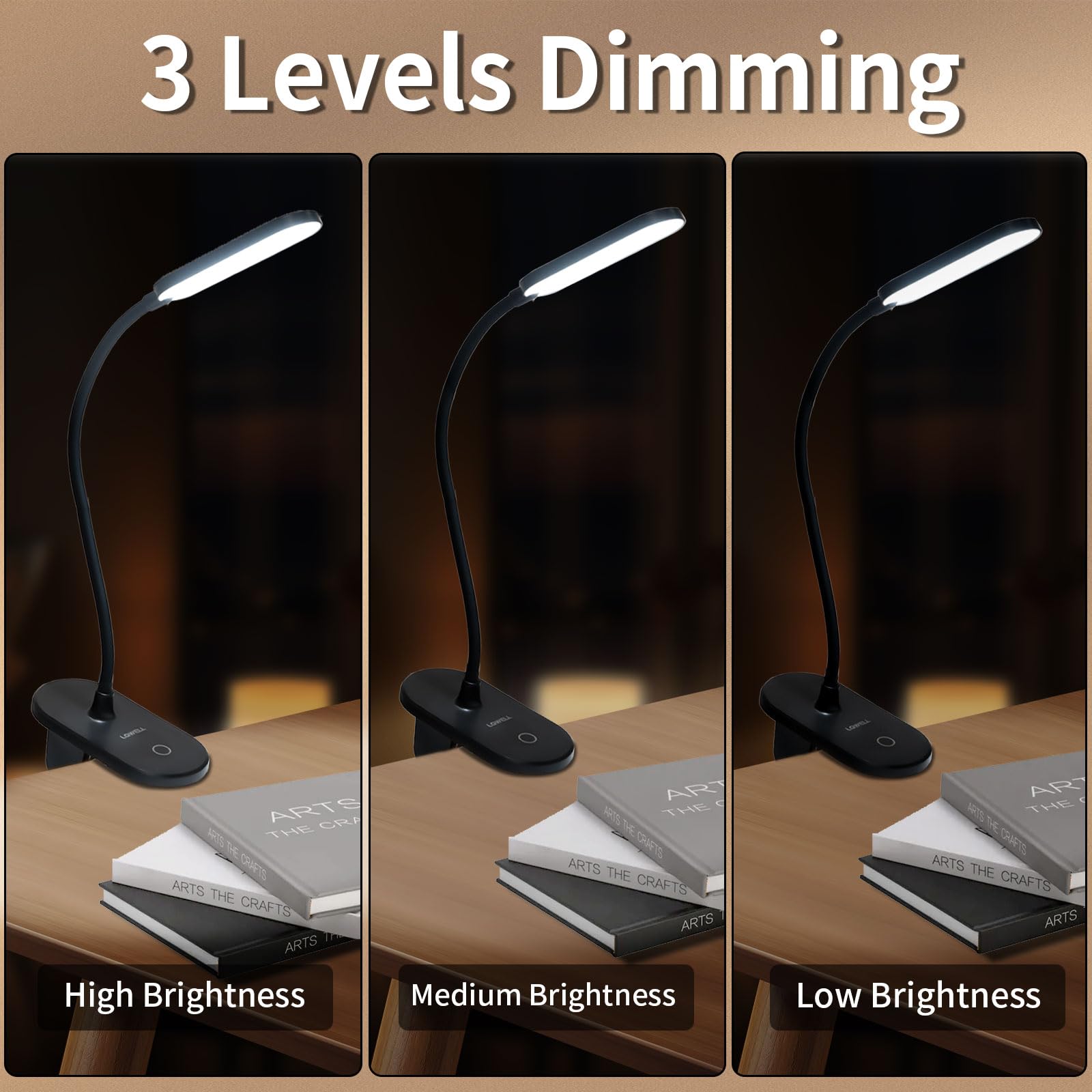 LQWELL® Lampa Z Klipsem Do Lampki Do Czytania W ŁÓŻku, Zasilana Bateryjnie, Ściemniana Lampa Zaciskowa, 3 Poziomy Jasności I Lampa Biurkowa Z Elastycznym 360° Do Domowego Biura (Czarny)