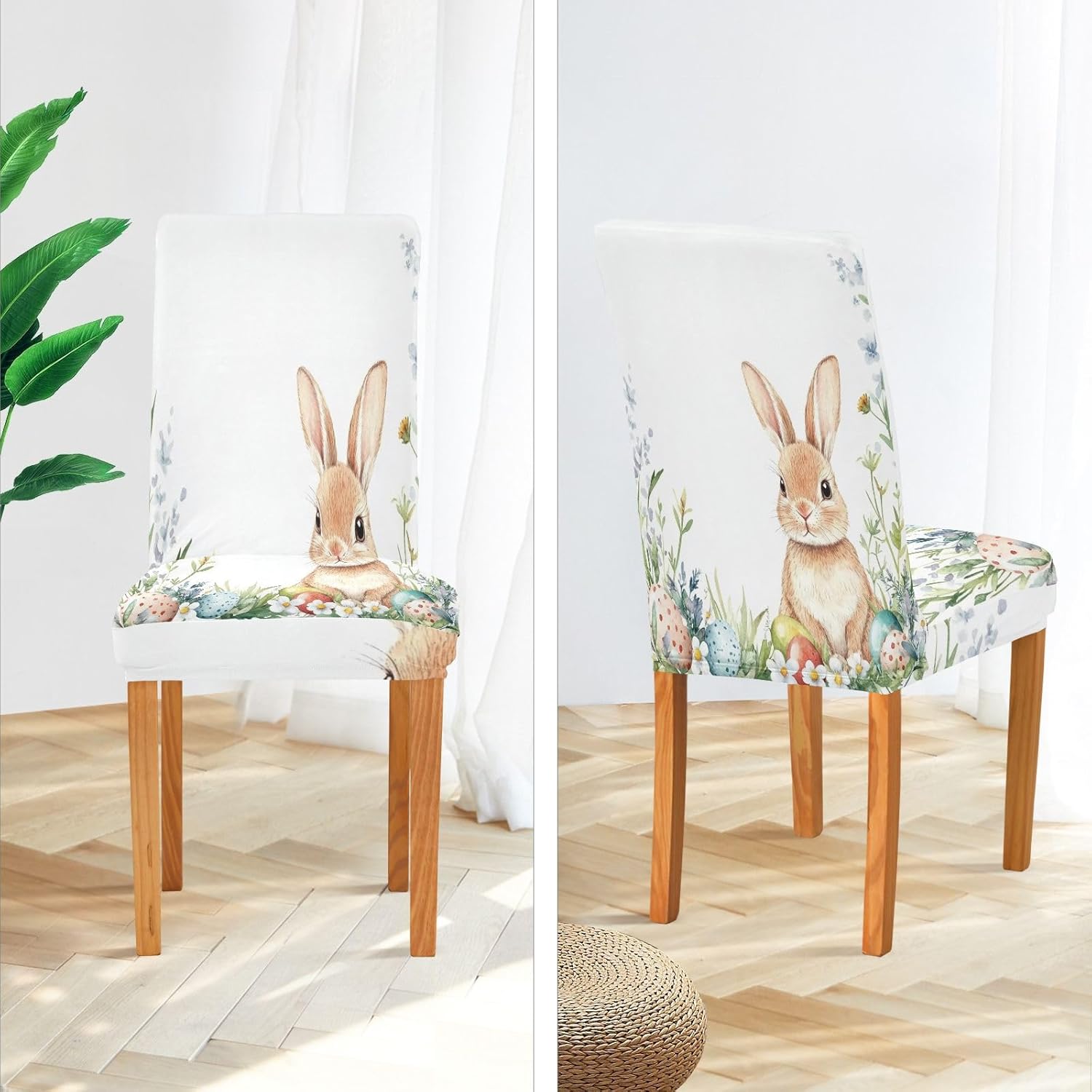 ALAZA Chair Covers for Dining Room, Happy Easter Rabbit Easter Eggs Spring Flowers Stretch Chair Cover Sets Chair Protector Removable Washable for Ktichen Restaurant Hotel