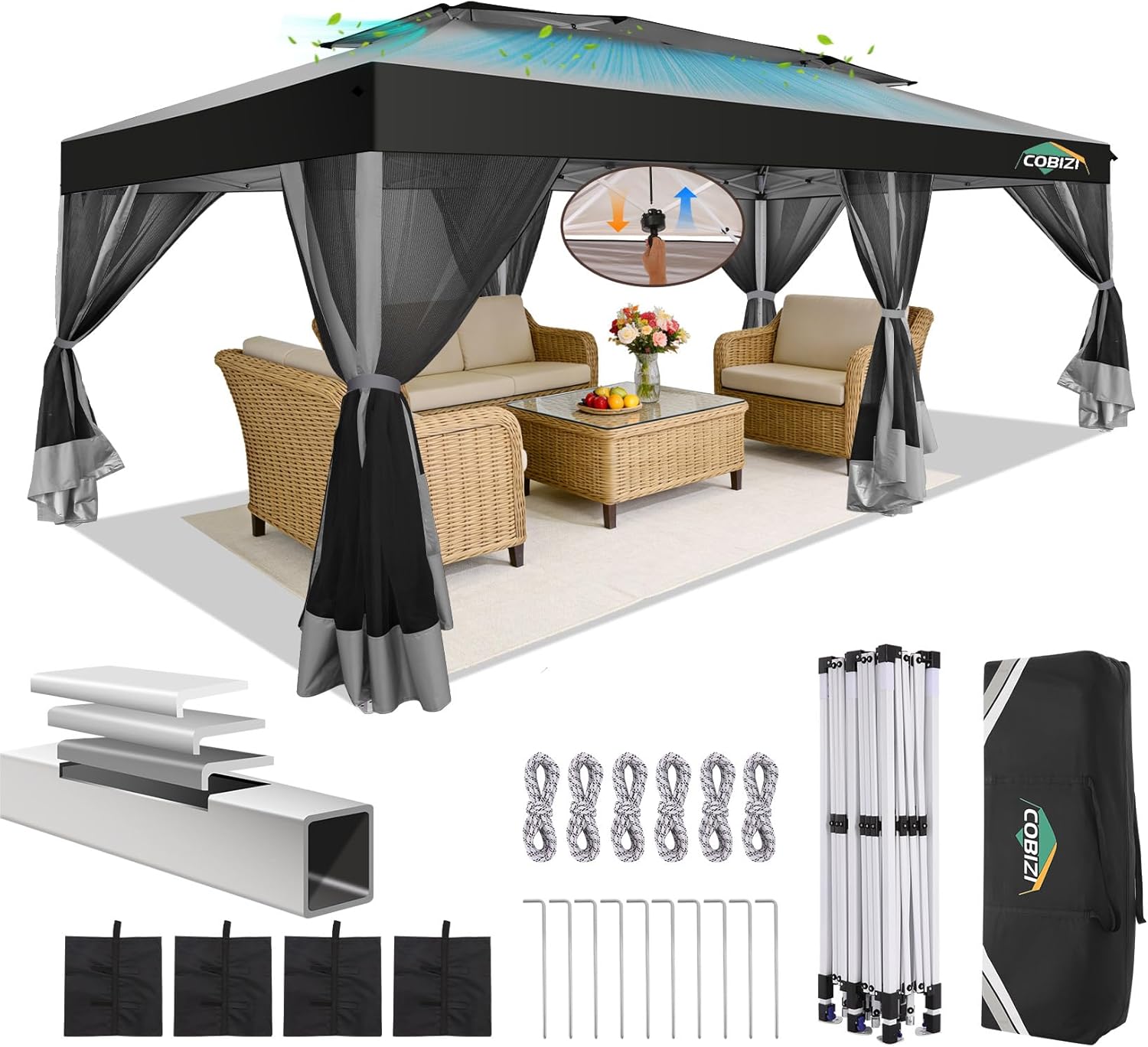COBIZI 10x20 Pop up Gazebo, One-Push Setup Canopy Tent with Mosquito Netting & Vented Roof Design, Upgrade Metal Easy up Canopy Carpa Outdoor Gazebos for Backyard Camping Deck Party(Light Gray & Gray)