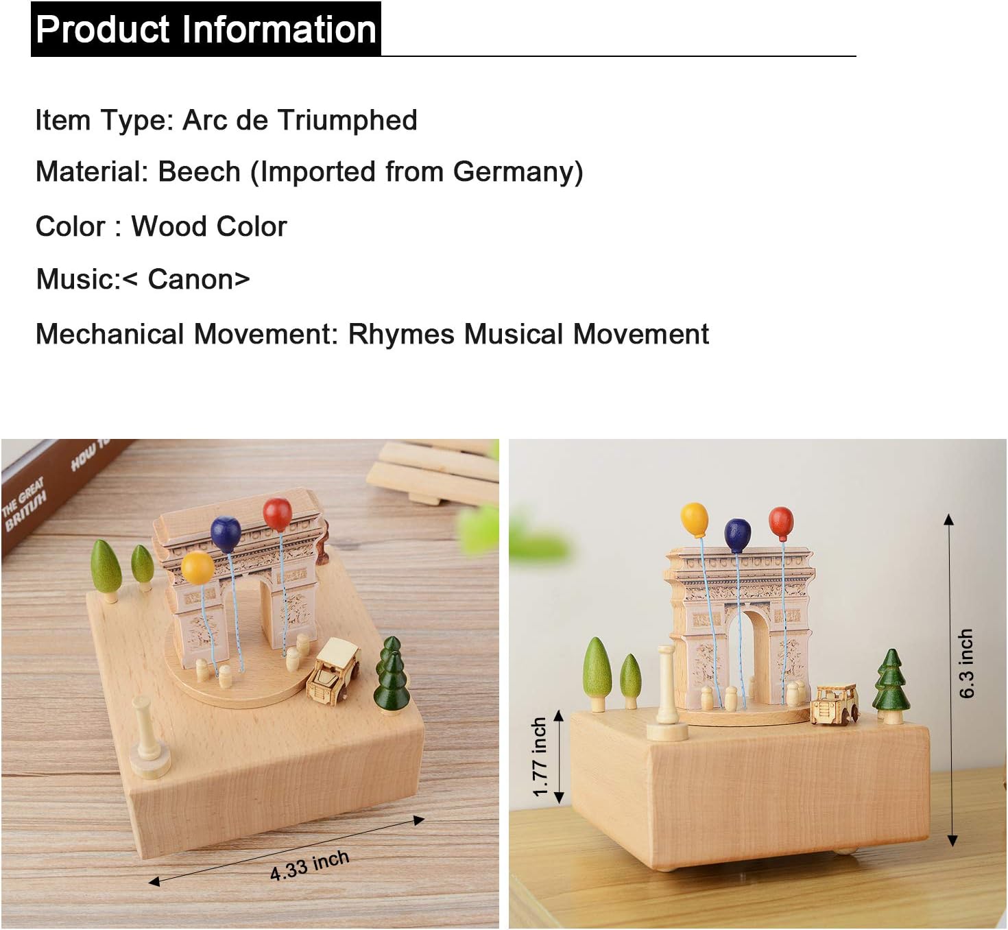 Classical Wooden Music Box Toys for Valentine's Day Birthday Gift Travel Gift,Arc de Triomphe with Small, Moving Car - Plays The Canon Song