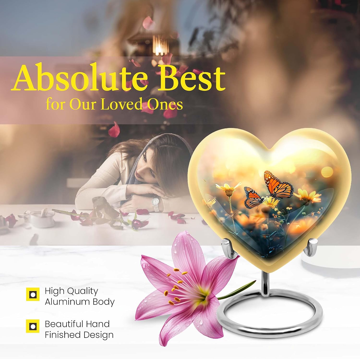 Butterfly Funeral Urns - Combo of 2 (10 Inch & Keepsake) - Yellow Small Urn for Pet Ashes, Adult Male & Female, Cremation, Cat, Human Ashes
