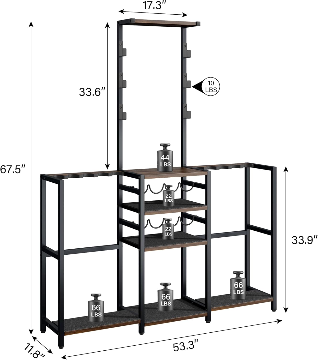 68" Tall Gun Rack, Indoor Gun Racks for Floor Standing Gun Display Stand, Rustic Wooden Gun Stand with Soft Padding and Pistol Holder, Holds up 13 Long Guns and 8 Handguns(Brown, 53.3" L)