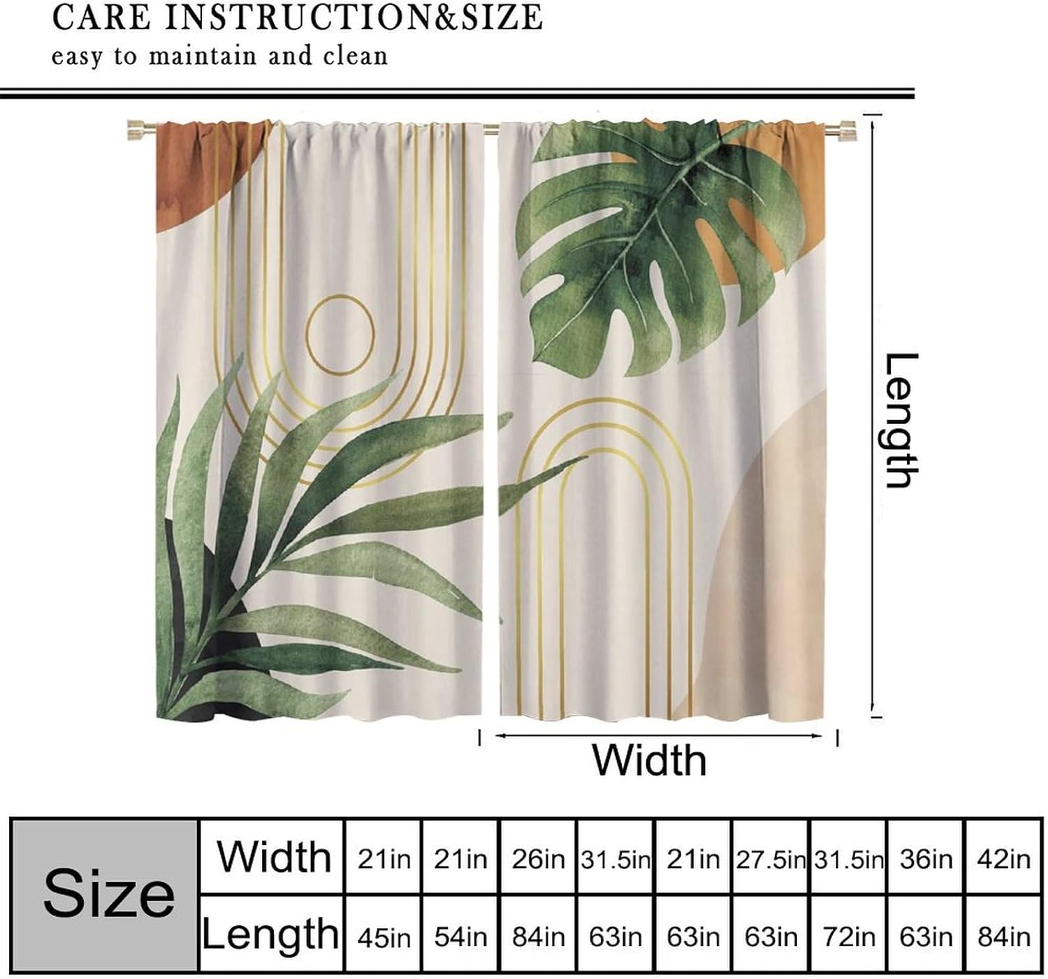 Green Leaf Mid Century Kitchen Curtains Abstract Boho Tropical Palm Leaves Plant Decor Minimalist Bohemian Colorful Botanical Modern Window Drapes W84*L84 Inch Blackout