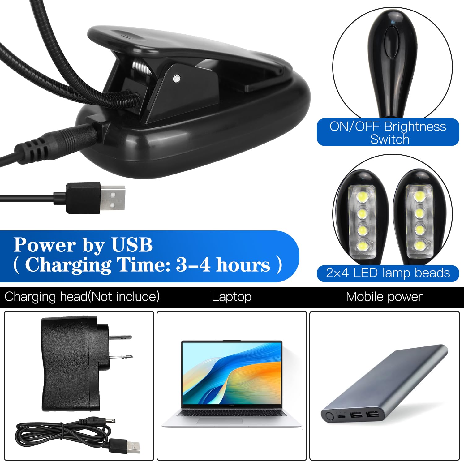 DkOvn Leggio per spartiti con luce di supporto, leggio regolabile con borsa per il trasporto, ricaricabile tramite USB, 8 LED, per lettura, chitarra, violino (leggio e luce)