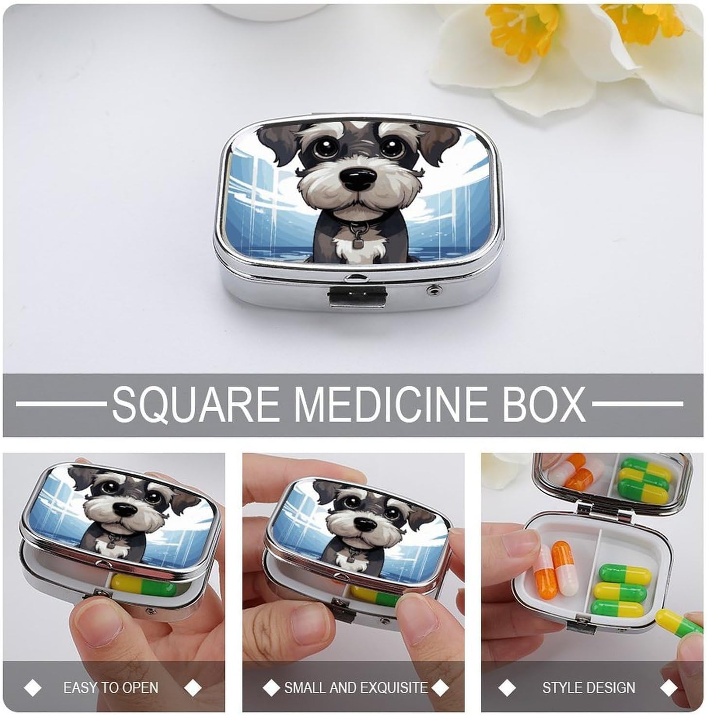 Adorable Schnauzer Square Pill Box with 2 Compartment & Mirror image 4