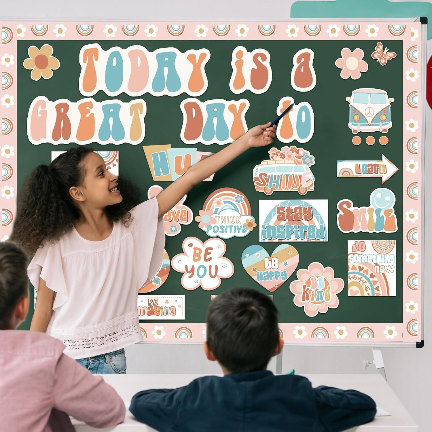 28PCS Hippie Today is A Great Day to Mindset Bulletin Board Set for Classroom Groovy Encouraging Paper Bulletin Board Decoration Set Hippie Cutouts with Positive Sayinys Boho Classroom Decoration
