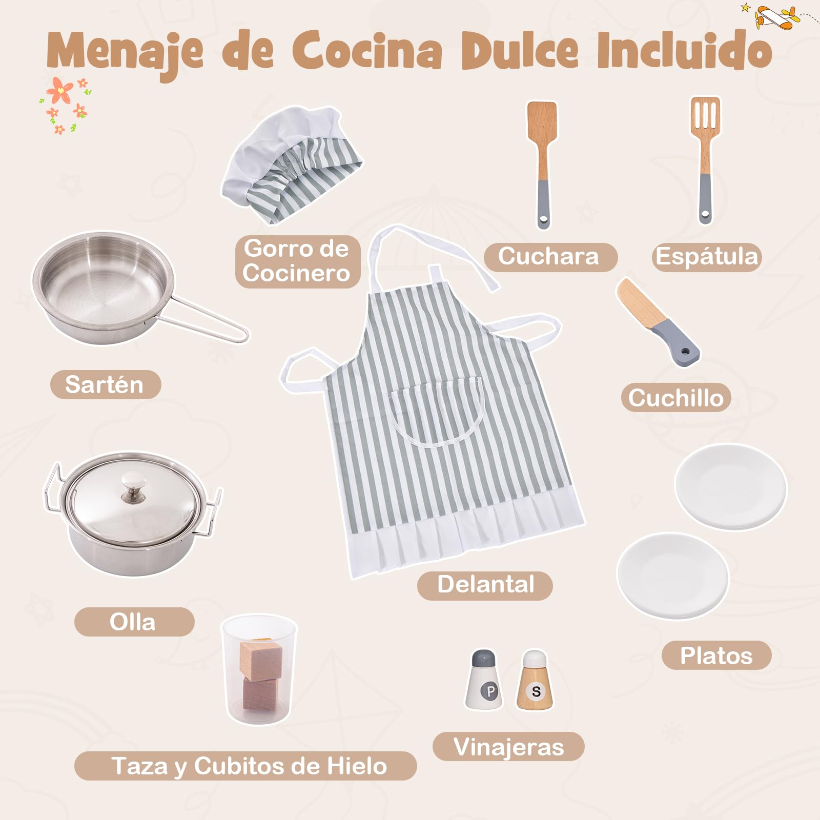 COSTWAY Cocina Juguete para Niños, Juego de Cocina Infantil con Sonido y Luces, Microondas, Horno, Fregadero, Lavadora, Juego de Cocina Infantil de Madera, a Partir de 3 años