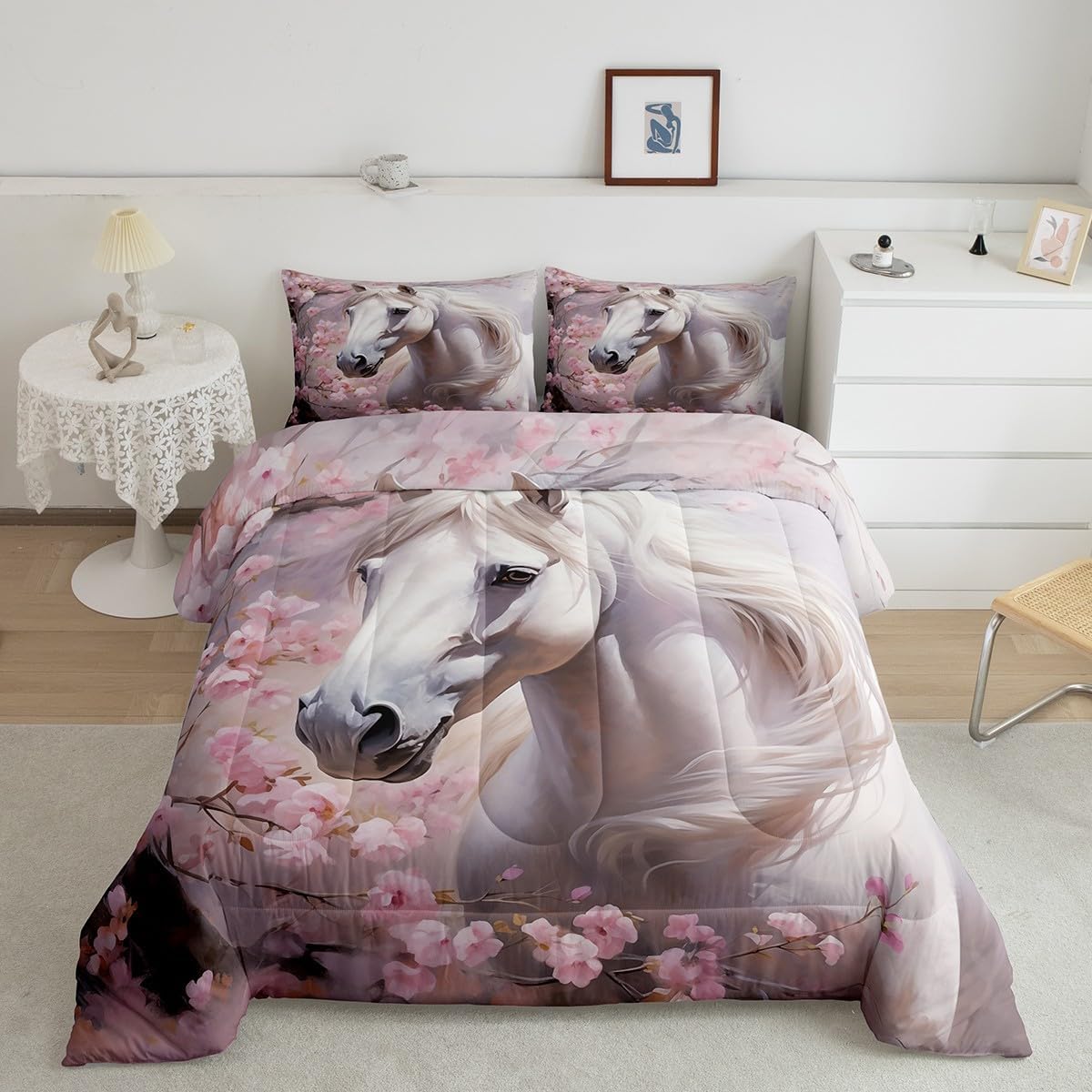 Manfei Galloping Horse Comforter King Size,Chic Cherry Blossom Pink Comforter Set Bedding Set for Kids Adults,Dreaming Animal Cowgirl Duvet Set Ultra Soft Room Decor 3Pcs Quilt Set