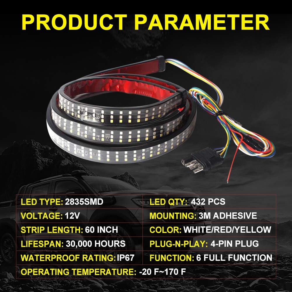 60 Inchs Truck Tailgate Light Bar Triple-Row Truck Tail Light Strip Super Bright LED Red/White/Amber Running Turn Signal Brake Reverse Backup Taillight Strip for Pickup SUV RV Trailer Car