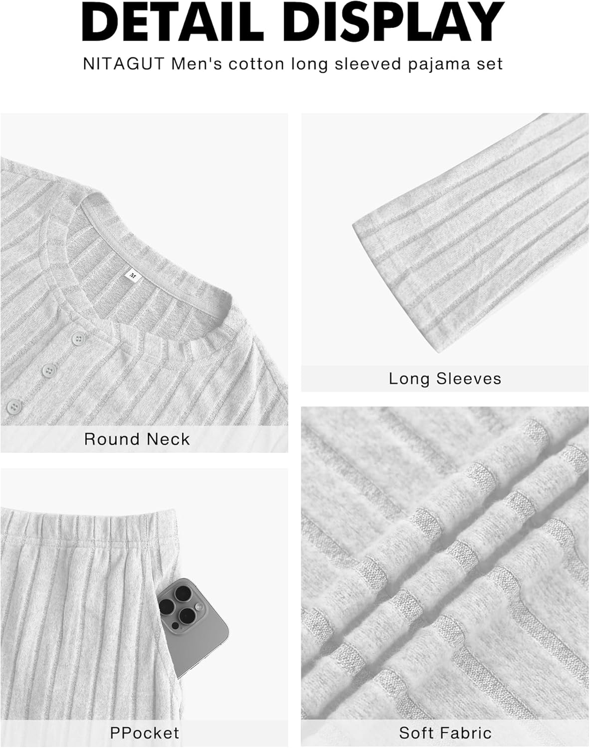 NITAGUT Men's Pajama Set Henley Collar Loungewear Long Sleeved Buttoned Sleepwear 2 Piece Pjs with Pockets - Image 5
