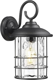 Emliviar Matte Black Outdoor Wall Mount Light Fixture for Garage, Waterproof 12.5 Inch Porch Wall Sconce Lamp with Water Ripple Glass Shade for Entryway, 1803CW2-WG