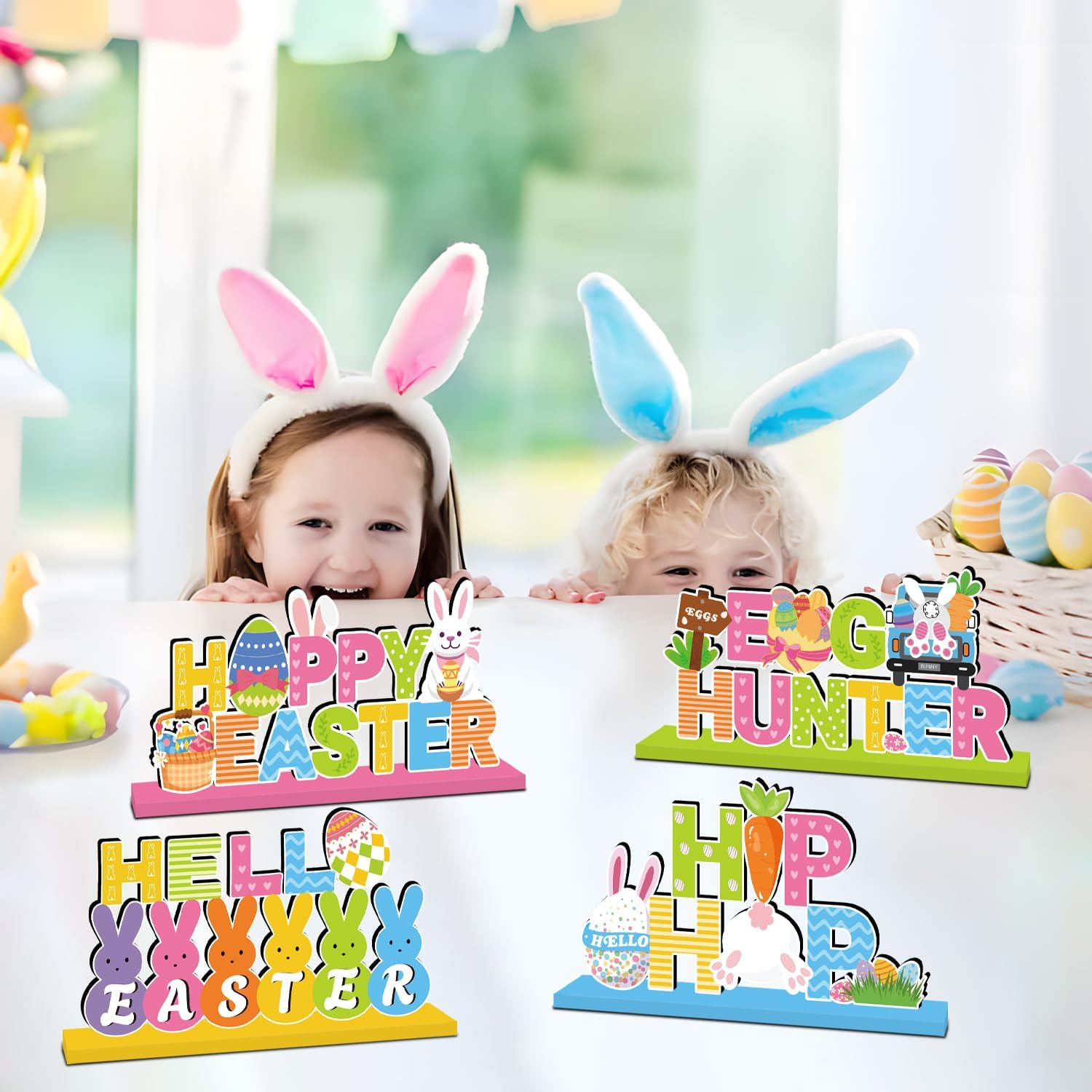 4Pcs Easter Decorations Wooden Table Centerpiece Happy Easter Table Decorations Bunny Colorful Egg Carrot Truck Tabletop Tiered Tray Decor for Home Office Party Decor Supplies