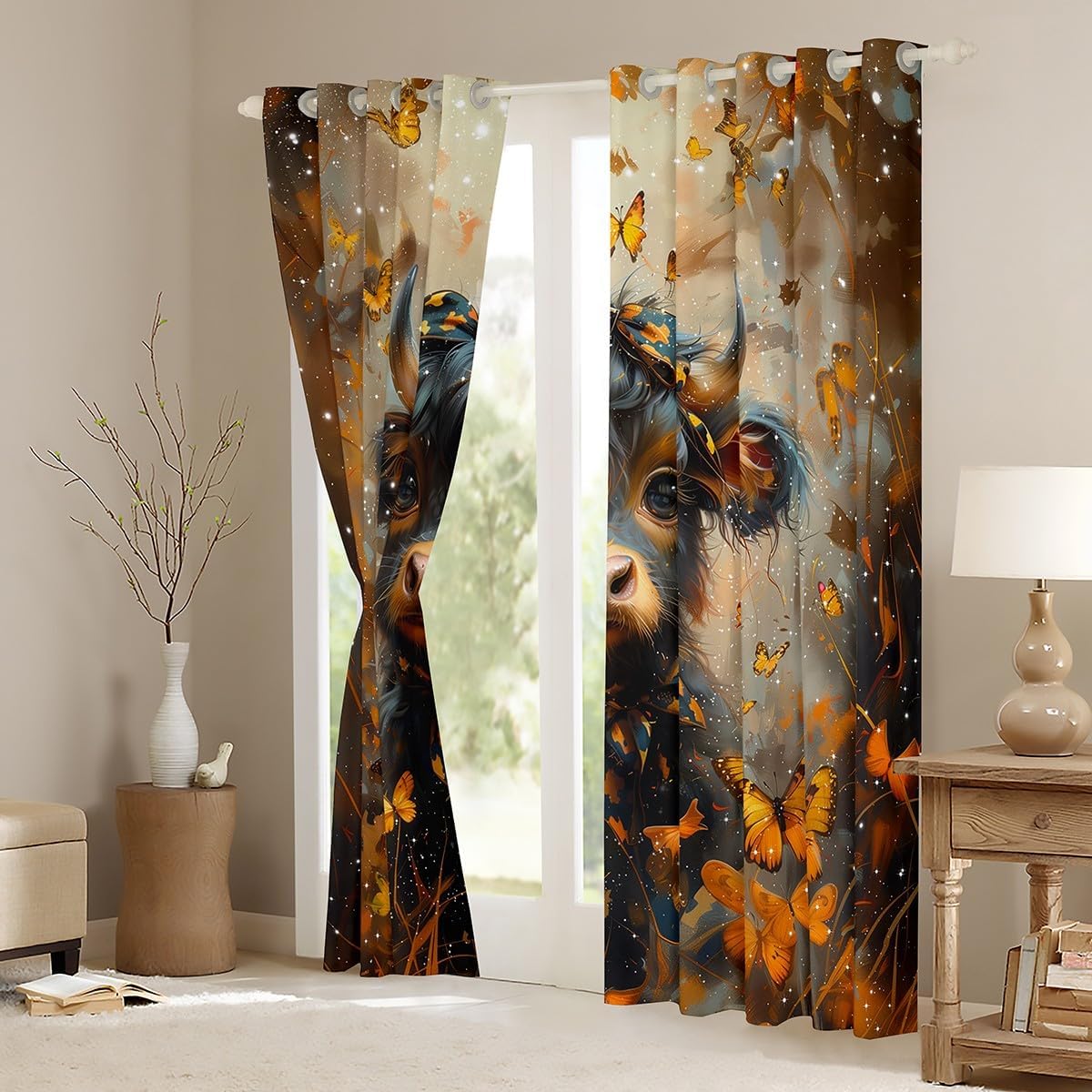 Feelyou Highland Cow Curtains for Bedroom Living Room Kids (2 Panels, 52 x 63 Inch) Maple Leaves Room Darkening Blackout Curtain Butterfly Darkening Dreapes Orange Brown Window Treatments