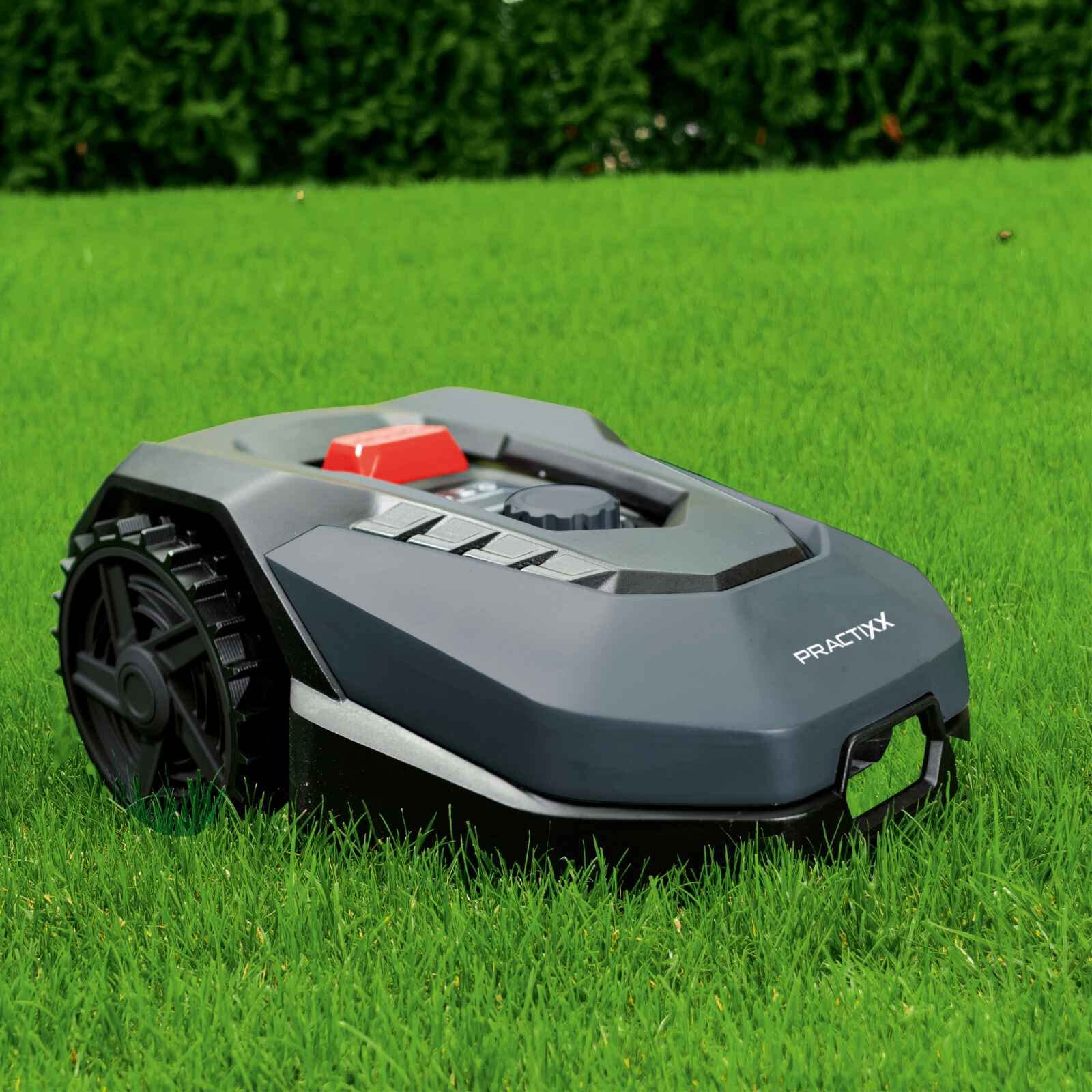 Practixx Mähroboter bis zu 600 qm² | 18cm Schnittbreite | 20-60 mm Schnitthöhe | Regensensor | Kantenmähen | Wireless | App-gesteuert | Digitale Anzeige | 35% Steigung | PX-RRM-600Wi Akku Rasenmäher