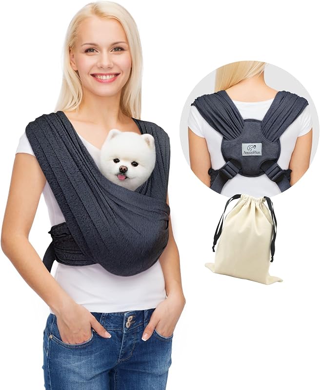 Small Dog Sling Carrier, Hands-Free, Charcoal Black, Plus | Patented Front Carrier Reduces Back and Neck Strain; Adjustable, Soft Cotton, 3D Air Mesh for Puppies & Cats up to 20 lb
