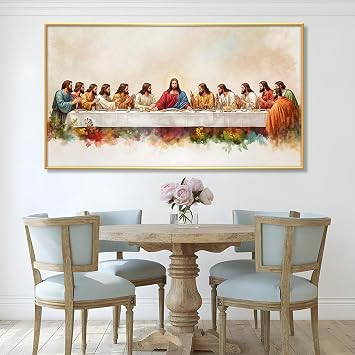 Last Supper Canvas Wall Art, Jesus Pictures Wall Decor, Last Supper Picture Print, Christian Print Decor, Religious Painting, Decortion for Living Room, Dining Room, Kitchen Gold Framed, 36"x20"| 92x52cm