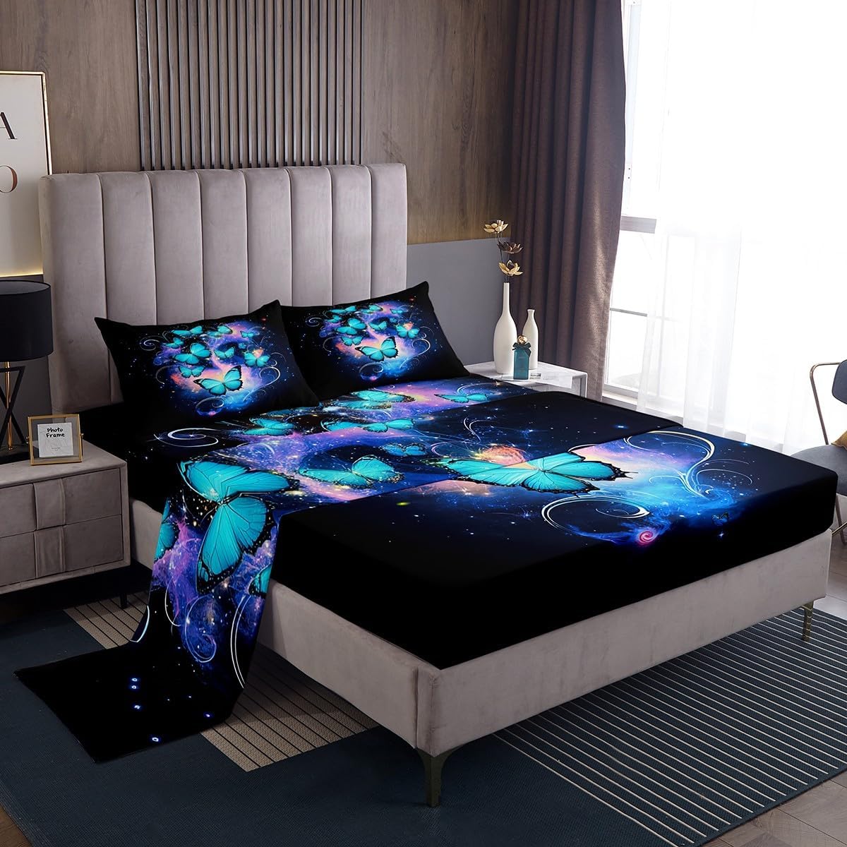 Erosebridal Butterflies King Size Sheet Sets 4pcs, Beautiful Butterfly Galaxy Bed Sheets Set for Bedroom, Dreamy Starry Sky Soft Bed Set for Kids Boys Girls, Insects Animals Room Decor Bedding Set