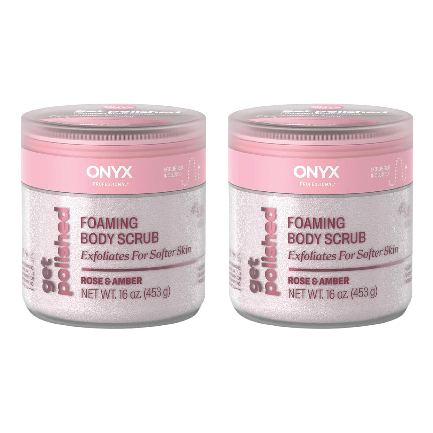 Onyx Professional Foaming Body Scrub With Brush, Rose Petals, 16oz, 2pk - Sugar Scrub Made with Shea Butter and Primrose Oil, Includes Built-in Scrubber