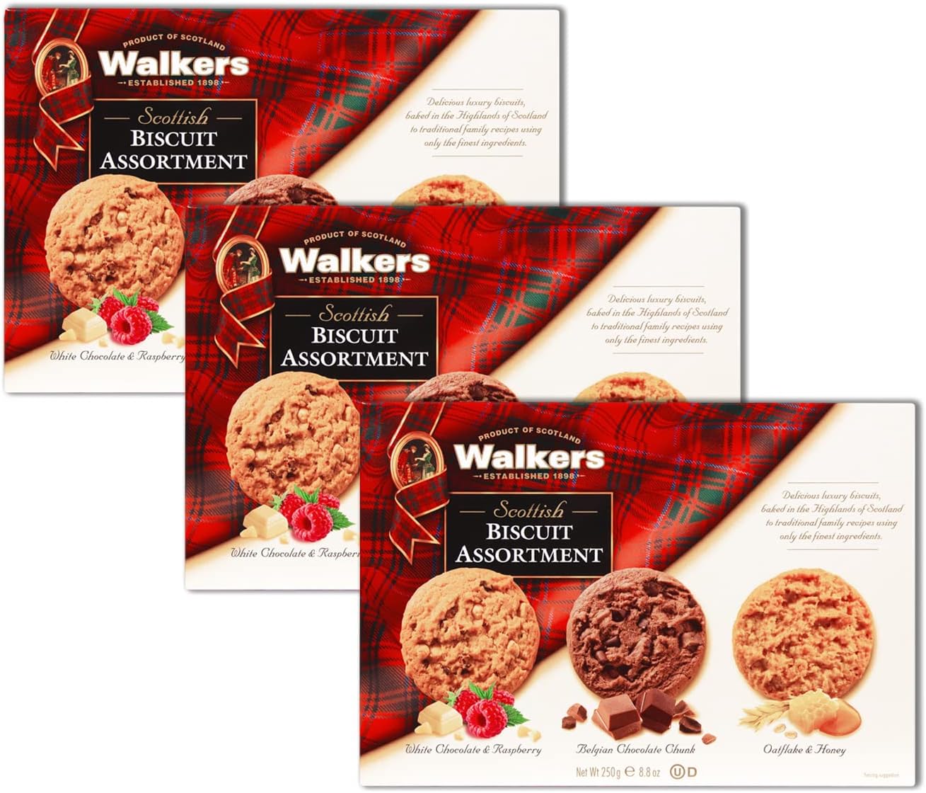 Walker's Shortbread Scottish Biscuit Assortment, White Chocolate & Raspberry, Belgian Chocolate Chunk, Oatflake & Honey, 8.8 Oz (Pack of 3)