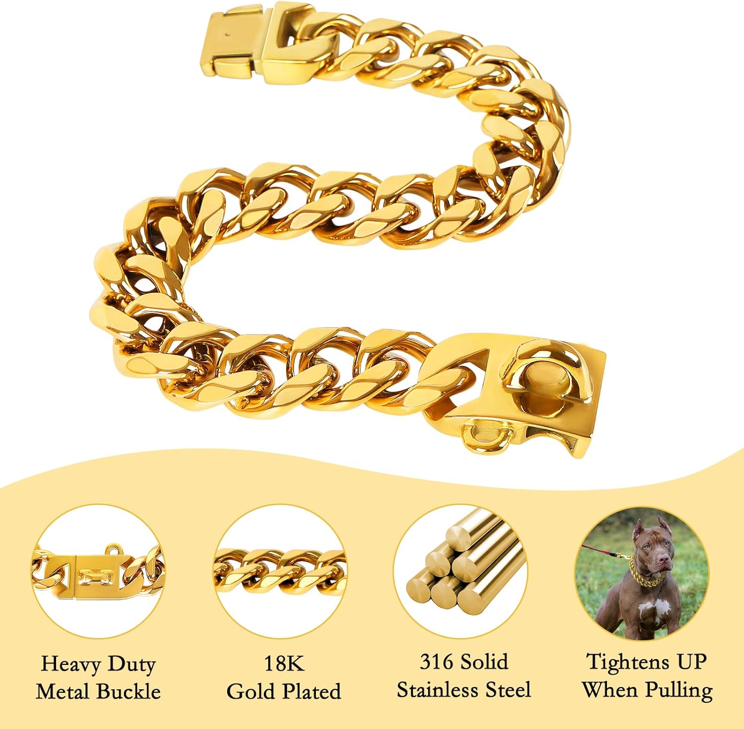 BAOBOTE 23MM Gold Dog Collar,Dog Chain Collars with Cuban Link Dog Collar,Heavy Duty Training Collar Chew Proof for Medium Dogs(16" Gold)