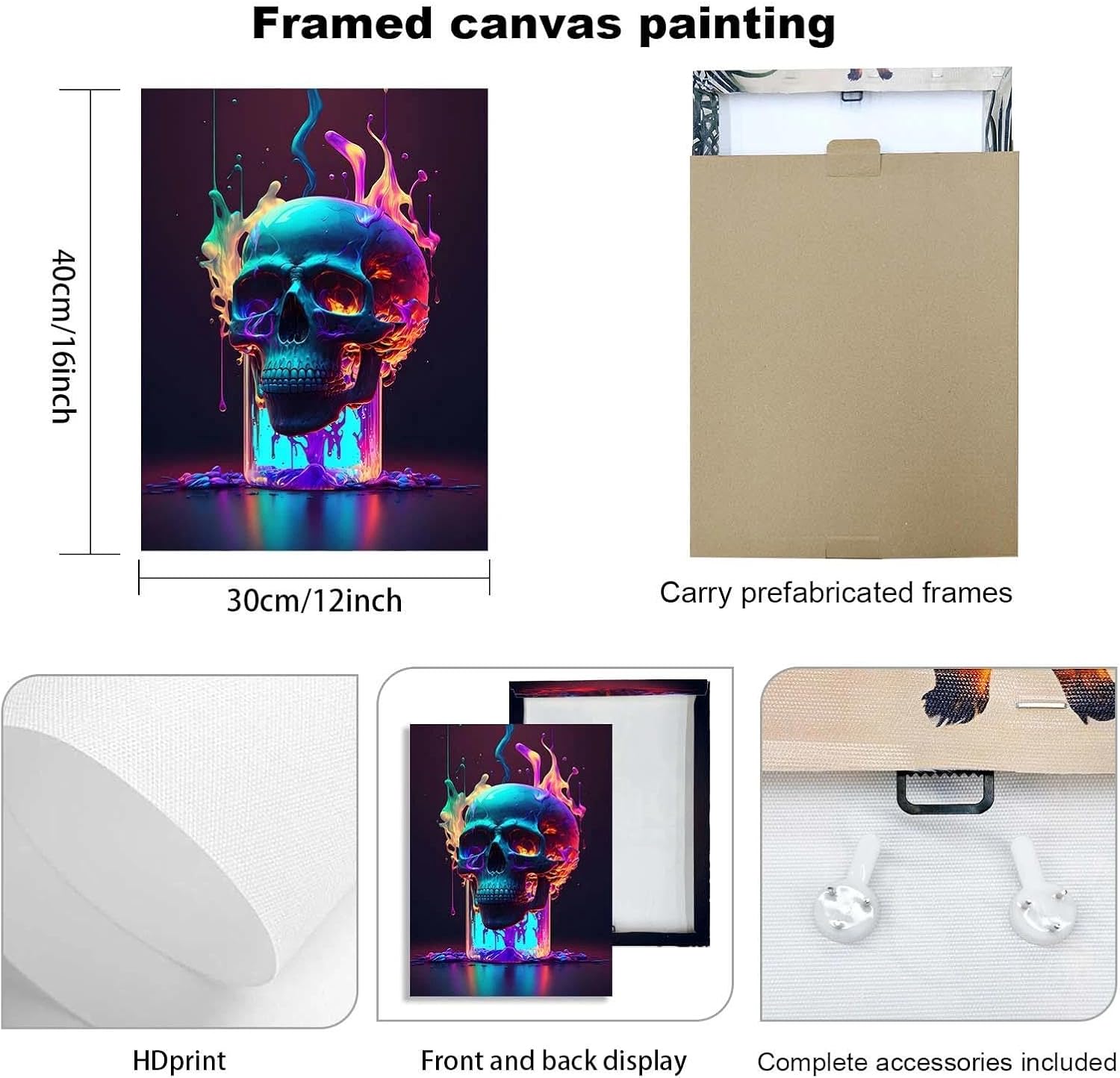 3 Piece Canvas Wall Art Set Framed Modern Abstract Colorful Skull Artwork for Living Room, Bedroom, Office, or Gaming Room Decor, Includes Hooks and Nails, 12x16 Inch