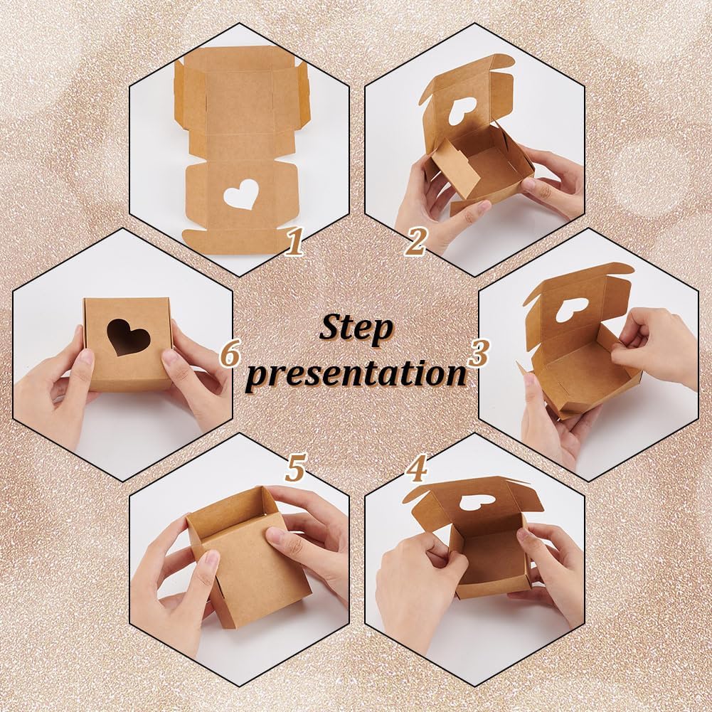30 Pas Kraft Paper Boxes with Heart Window 3x3x1.2 Cardboard