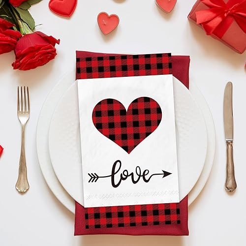 Miniatura 6 de Whaline Servilletas de papel desechables de 3 capas con corazón a cuadros rojos y negros para el día de San Valentín, servilletas de papel
