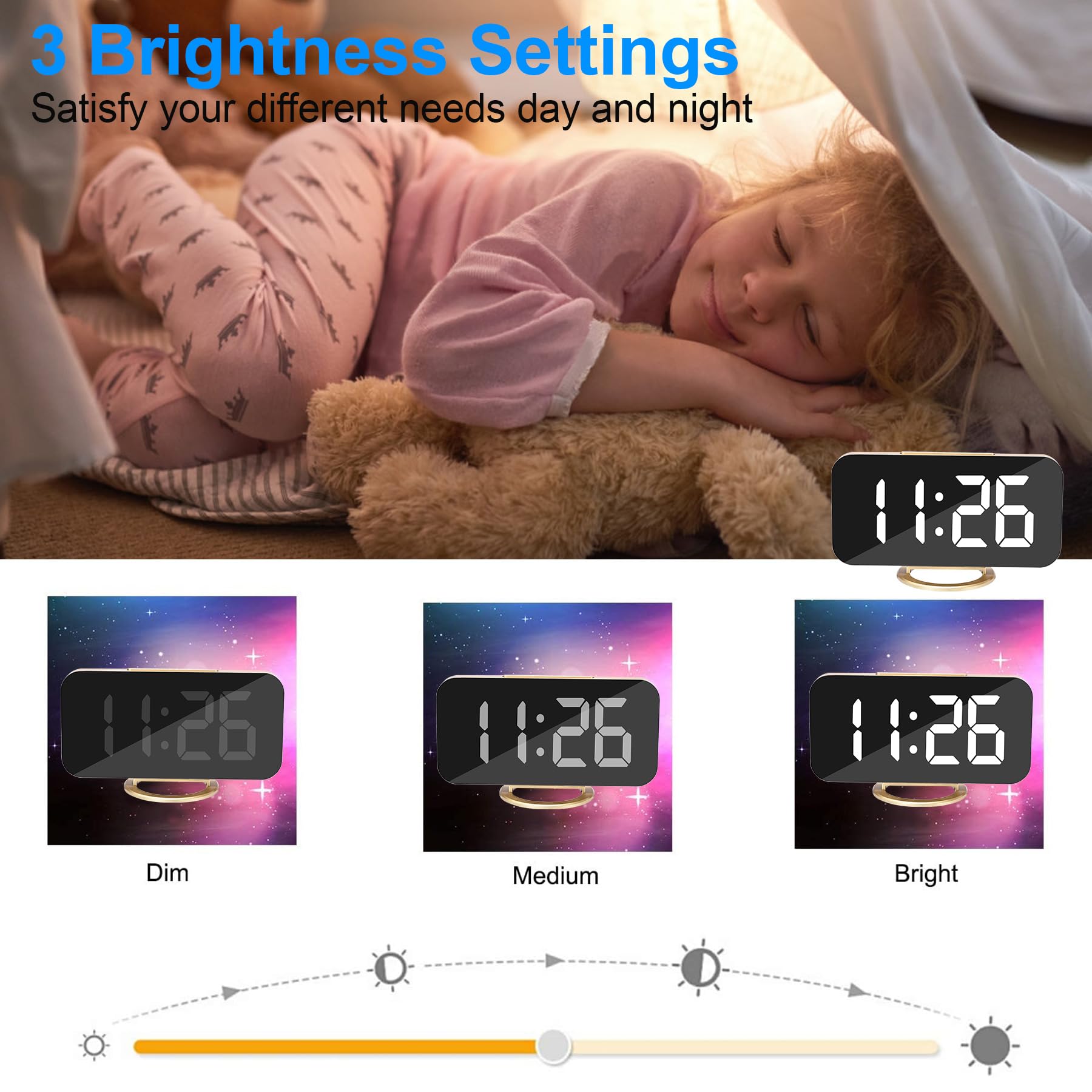U-picks Sveglia a specchio, Sveglia digitale Ampio display a LED da 6,5 "con modalità di rilevamento della luce, luminosità regolabile, 2 porte di ricarica USB Grande pulsante SNOOZE (oro)
