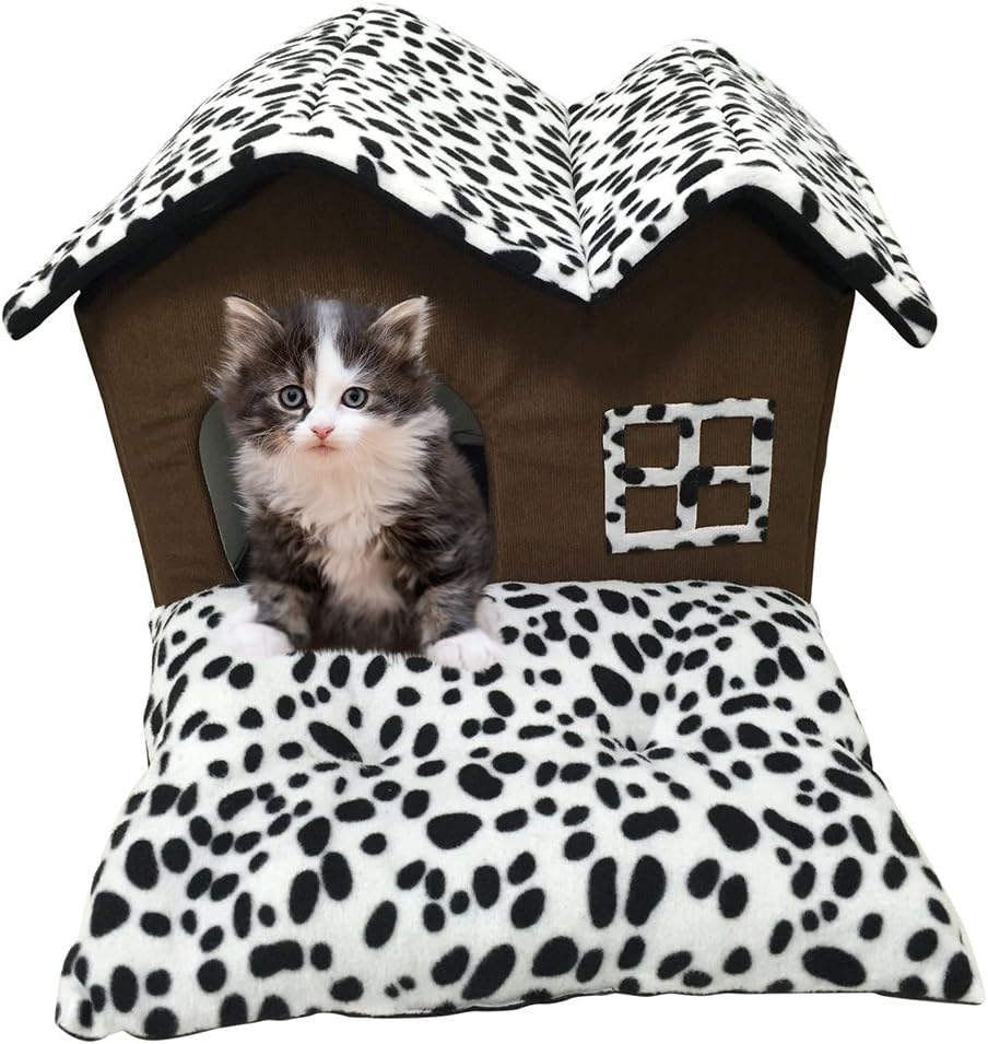 Pet House Cat Bed with Indoor Removable Cushion Mat Dog Bed Double Roof House For Small Dogs & Cats Sleep