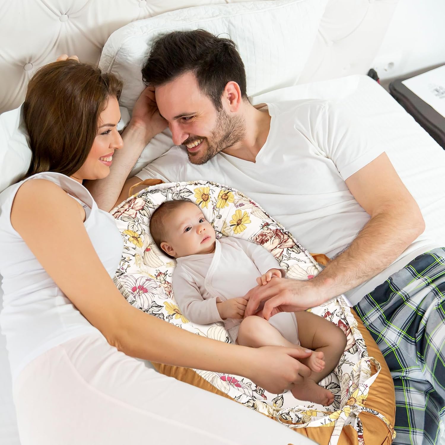 Baby Lounger Pillow Cover for Newborn Girls Boys, HNHUAMING Replaceable Infant Nest Cover, Ultra Soft & Breathable Portable Lounger Slipcover, Floral, Brown (Cover Only)