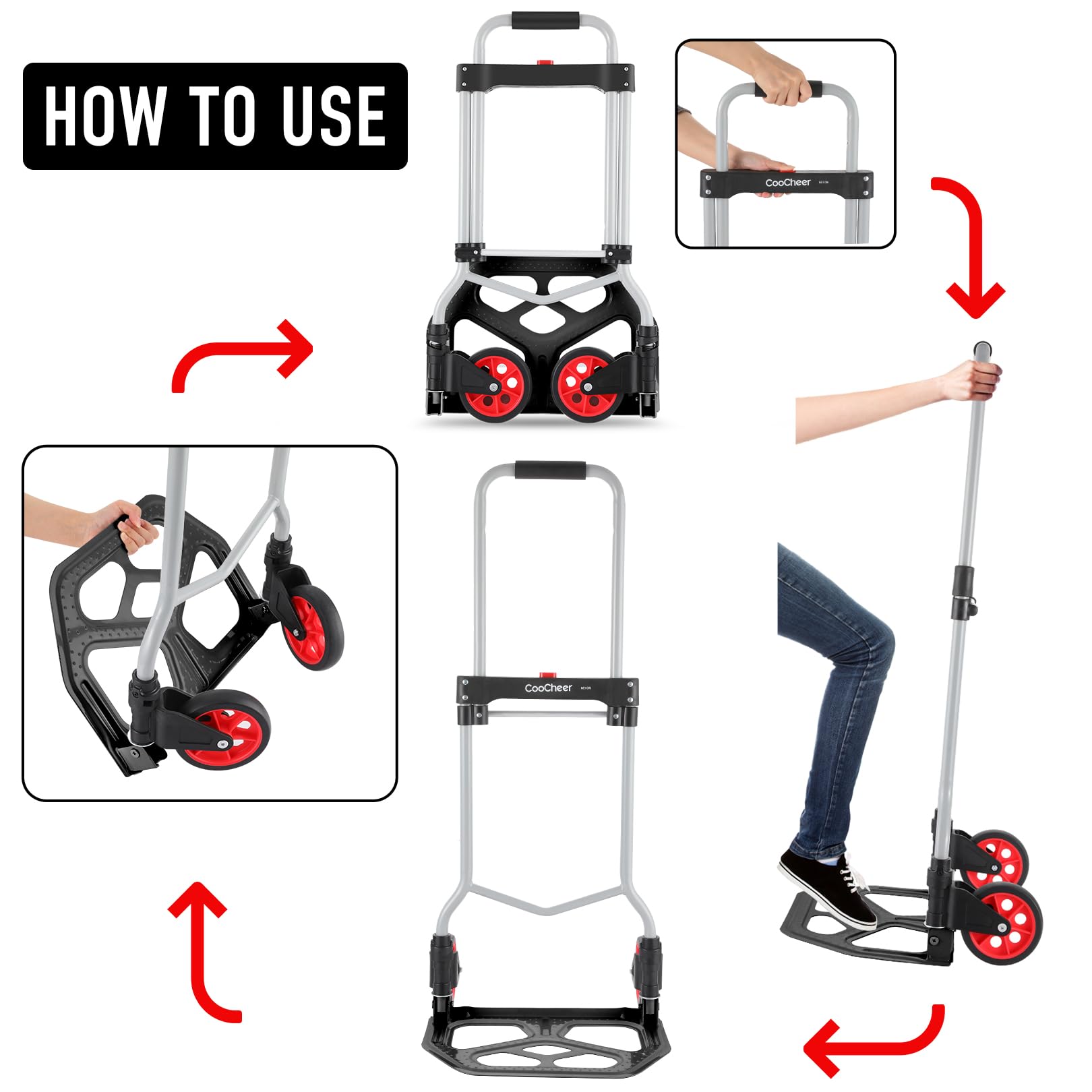 Carrello Pieghevole Portata 100kg, Carrello portapacchi in alluminio con Manico Allungabile, 2 Ruote e Cord con gancio per i viaggiatori, i traslochi, le attività domestiche