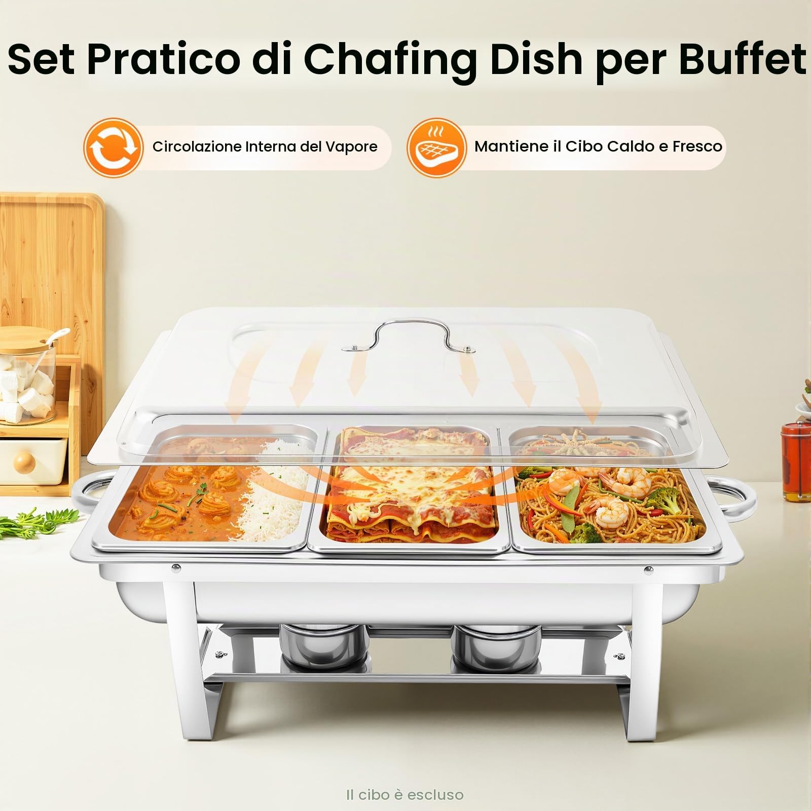 Set scaldavivande Chafing Dish, 9 l, 3 griglie, in acciaio inox, 55 x 35 x 26,3 cm, contenitore caldo per alimenti, scaldavivande a buffet