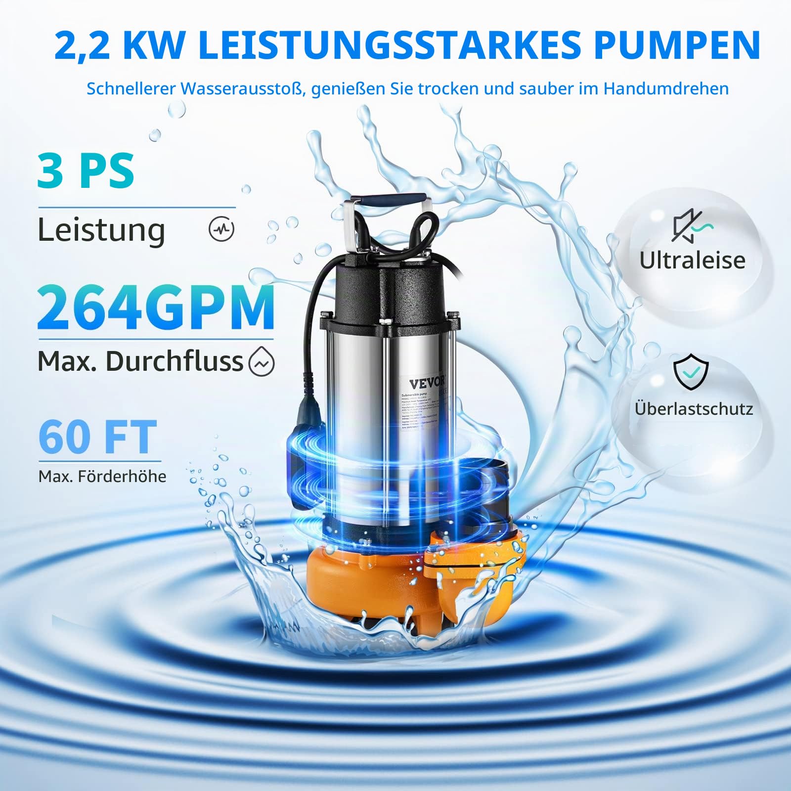 VEVOR Schmutzwasserpumpe mit var. Schwimmerschalter Tauchpumpe 2200W Gartenpumpe Durchfluss 60000L/h Schmutzwassertauchpumpe max. Hub 18m Wasserpumpe IPX8 Ideal zum Pumpen von Wasser