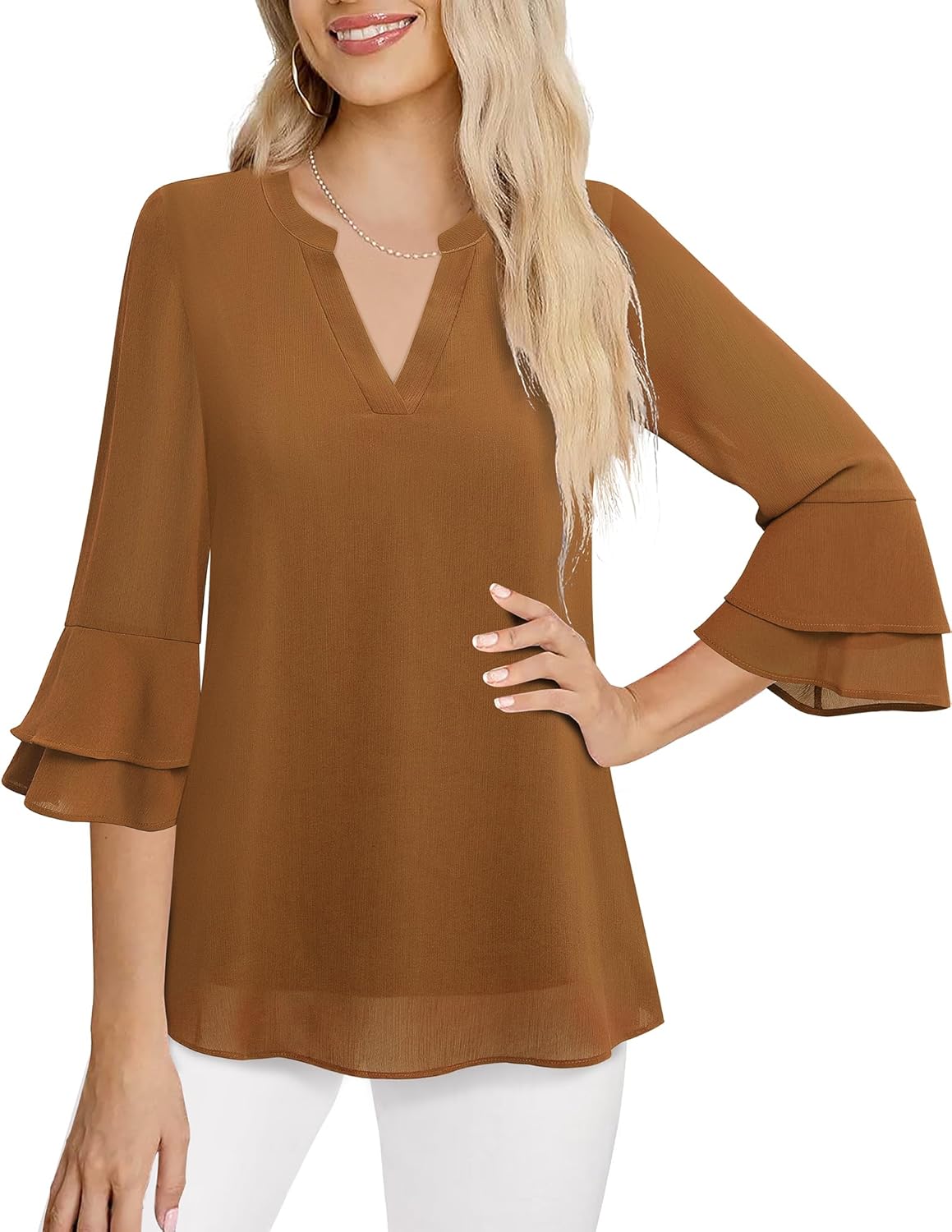 Lotusmile Womens Tops Dressy Casual 3/4 Tiered Bell Sleeve Blouses Double Layered Chiffon Work Tunic Shirts - Image 2