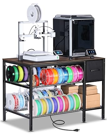 AHOWPD 3D Printer Table with Filaments Storage - 3D Printer Stand Filament Storage Rack Heavy Duty 3D Printer Desk with Drawer for Workshop Studio Office Brown