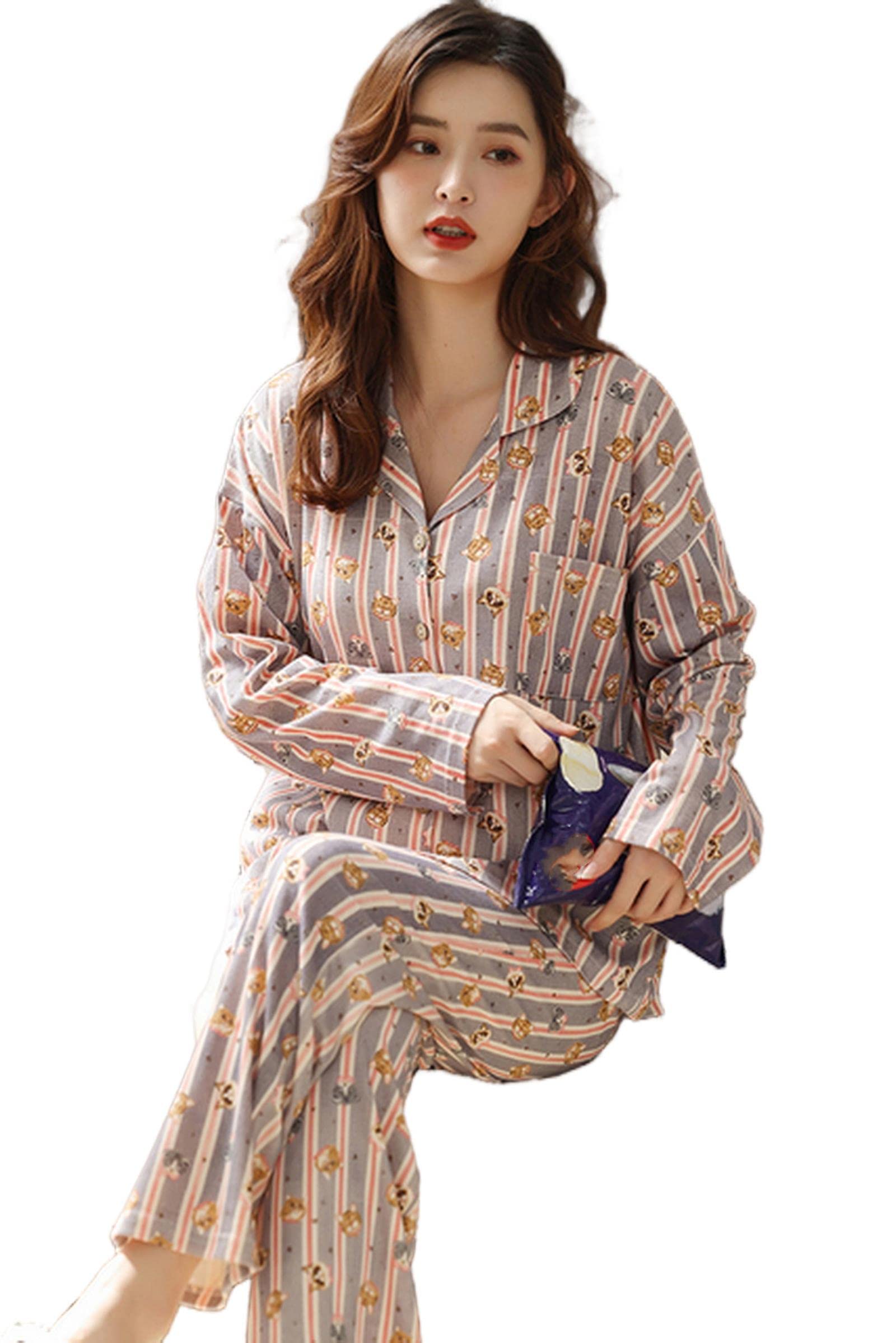 MOGSA Pijama elegante para mujer, cuello abatible, pijama floral para mujer, otoño e invierno, ropa de dormir de algodón de punto para mujer, como se muestra, Aisan XL, 60-70 kg