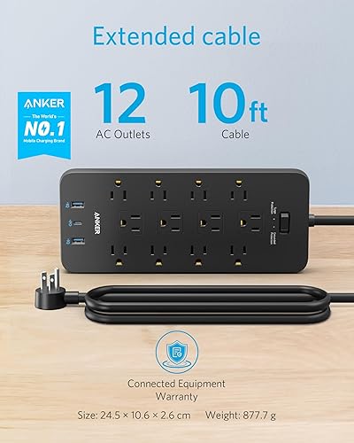 Miniatura 2 de Anker Regleta de alimentación con 3 puertos USB, protector de sobretensiones (2100J-10 pies), 12 salidas con 2 puertos USB A y 1 puerto USB C,
