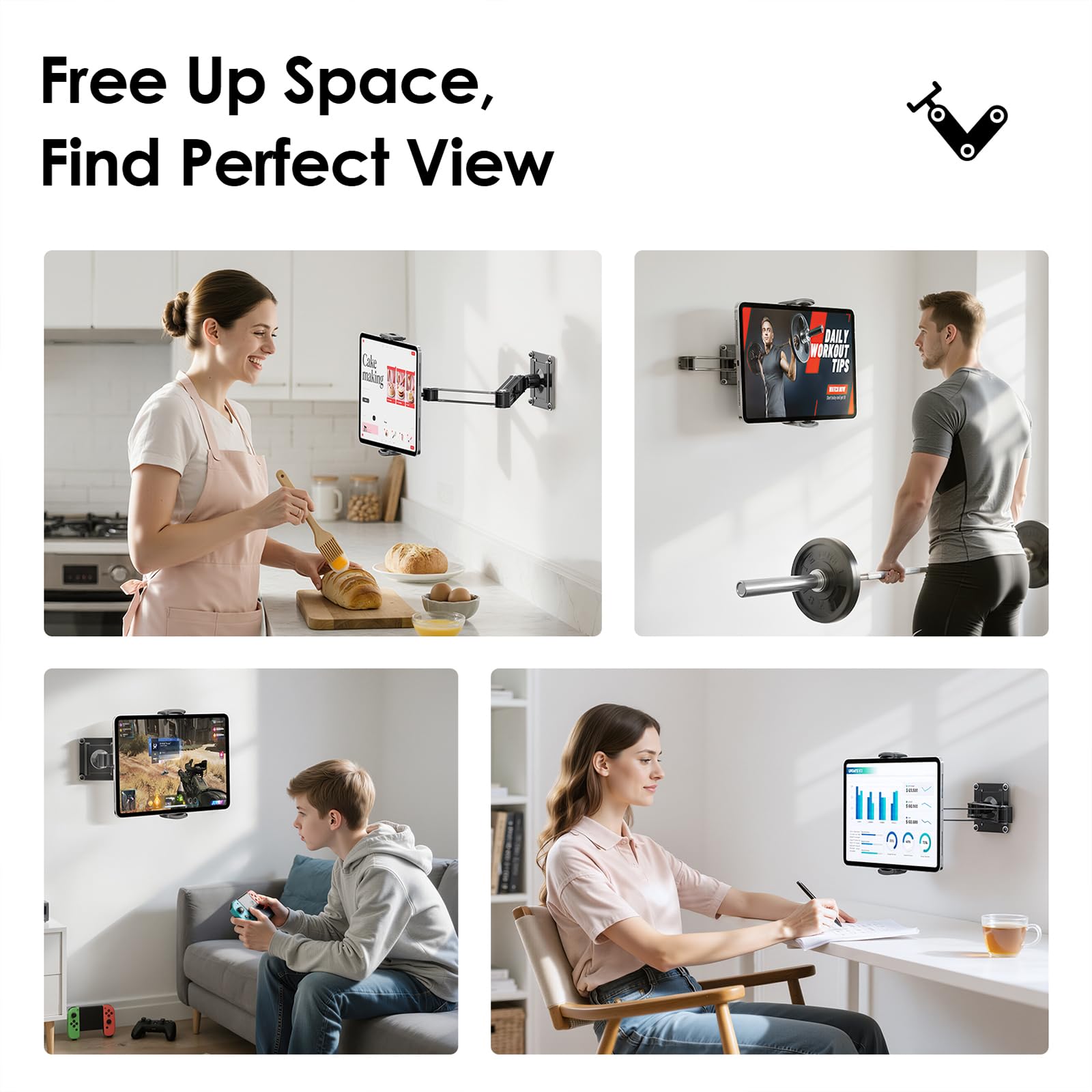 MoKo Soporte para Tablets Universal, Soporte para Tabletas Plegable y Extensible para Teléfonos y Tabletas de 4,7"-14", Soporte de Pared Ajustable 360° para Cocina, Gimnasio, Oficina, Aula, Negro