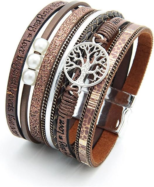 LSxAB Tree of Life Leather Wrap Bracelet for Women Handmade Colorful Multi-Layer Wrapped Wristband Bracelets