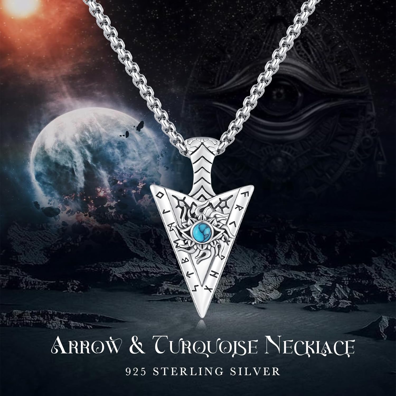Arrowhead Necklace Men 925 Sterling Silver Arrow Celtic Moonstone/Turquoise/Opal Viking Necklace Men's Pendant Runes Viking Necklace Celtic Jewelry for Men Son Teens Women - Image 3