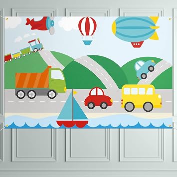 Transportation Themed Backdrop Banner Decor Colorful - Cartoon Airplane Train Car Bus Birthday Party Theme Decorations for Boys girls Supplies
