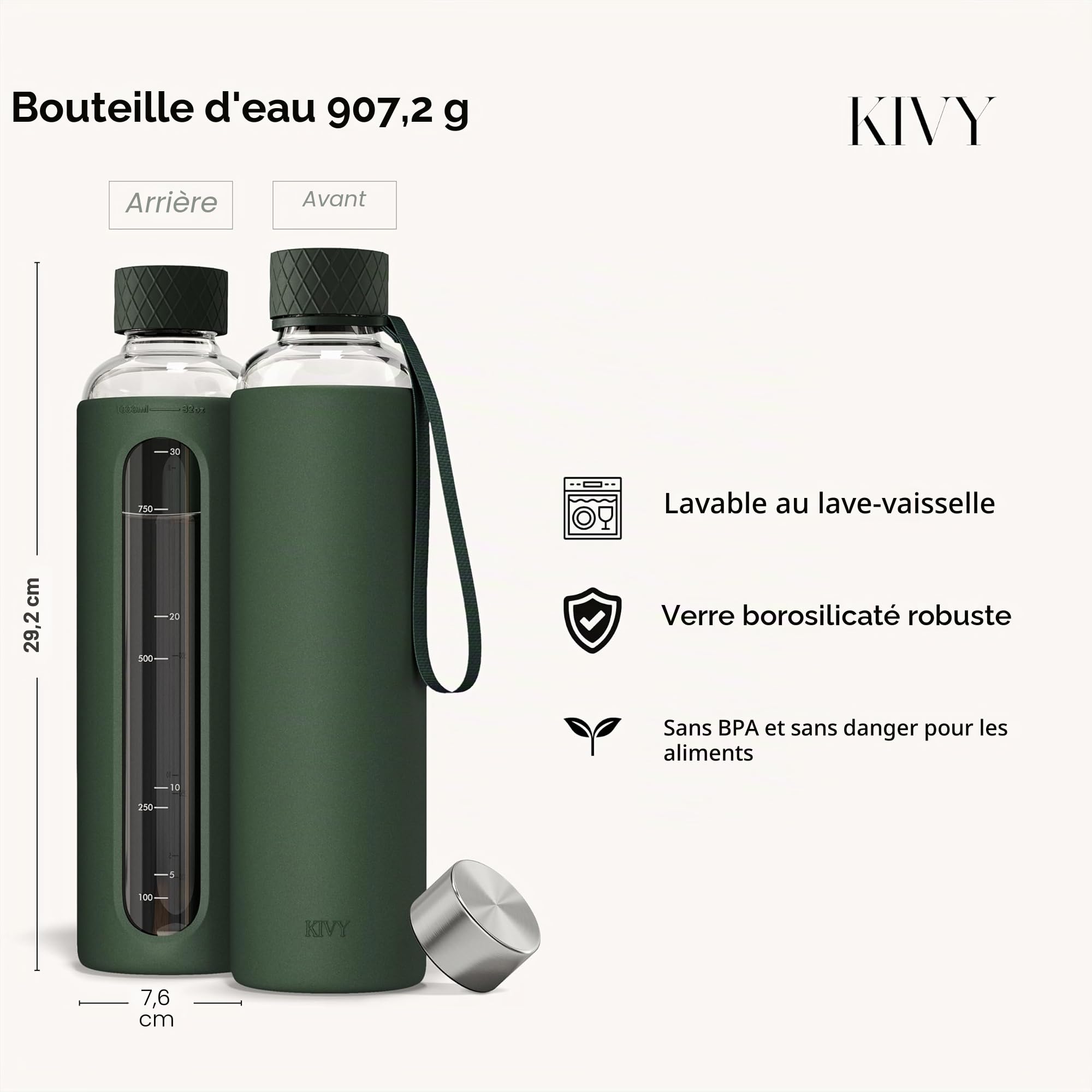KIVY Gourde en verre de 1 l avec protection en silicone - Convient pour les
