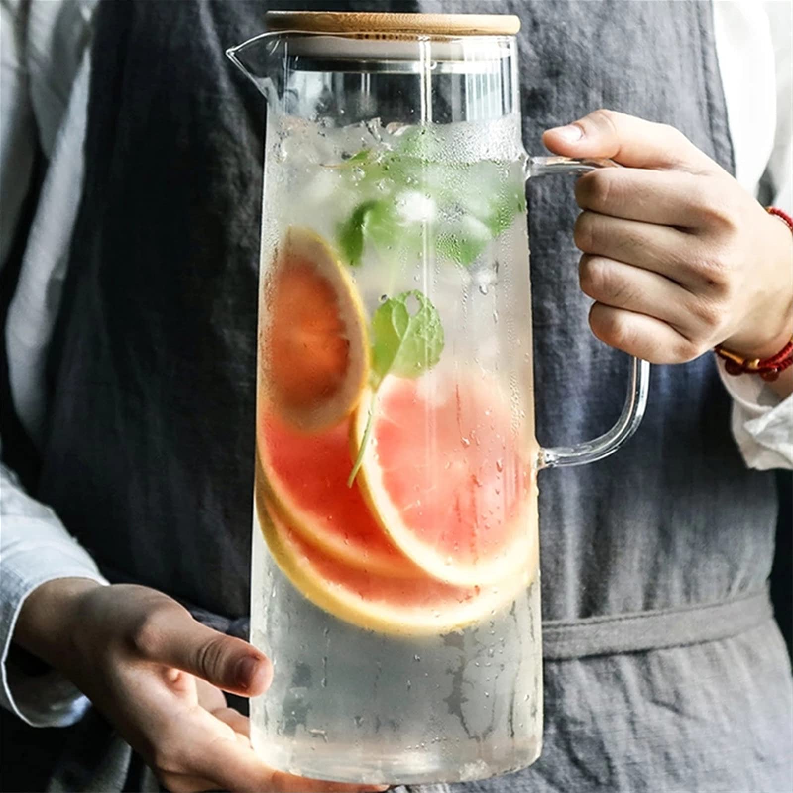 Jarra de Agua Transparente para Nevera, Jarra de Vidrio Grueso con Tapa de bambú, Ideal para Zumo, café, Limonada y té Helado.