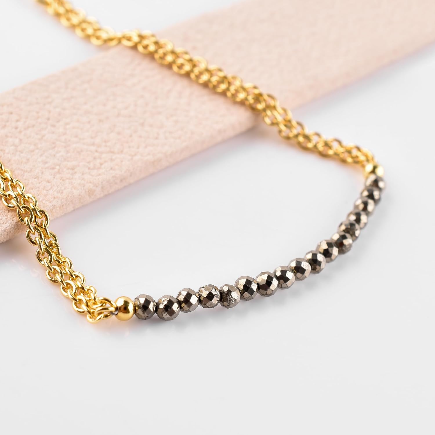 InfinityGemsArt Bracelets for Women Natural Birthstone Micro Beaded Stone Double Chain Drop Crystals Gemstones Bracelet Jewelry, 14K Gold Plated Adjustable Chain