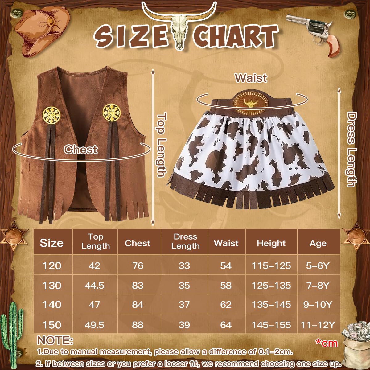 Deguisement Cowgirl Enfant Fille, Robe Western pour Fille avec Bandana, Chapeau Cowboy, Cowgirl Costume pour Halloween Carnival Cosplay Party, Deguisement Fille 5-10 Ans